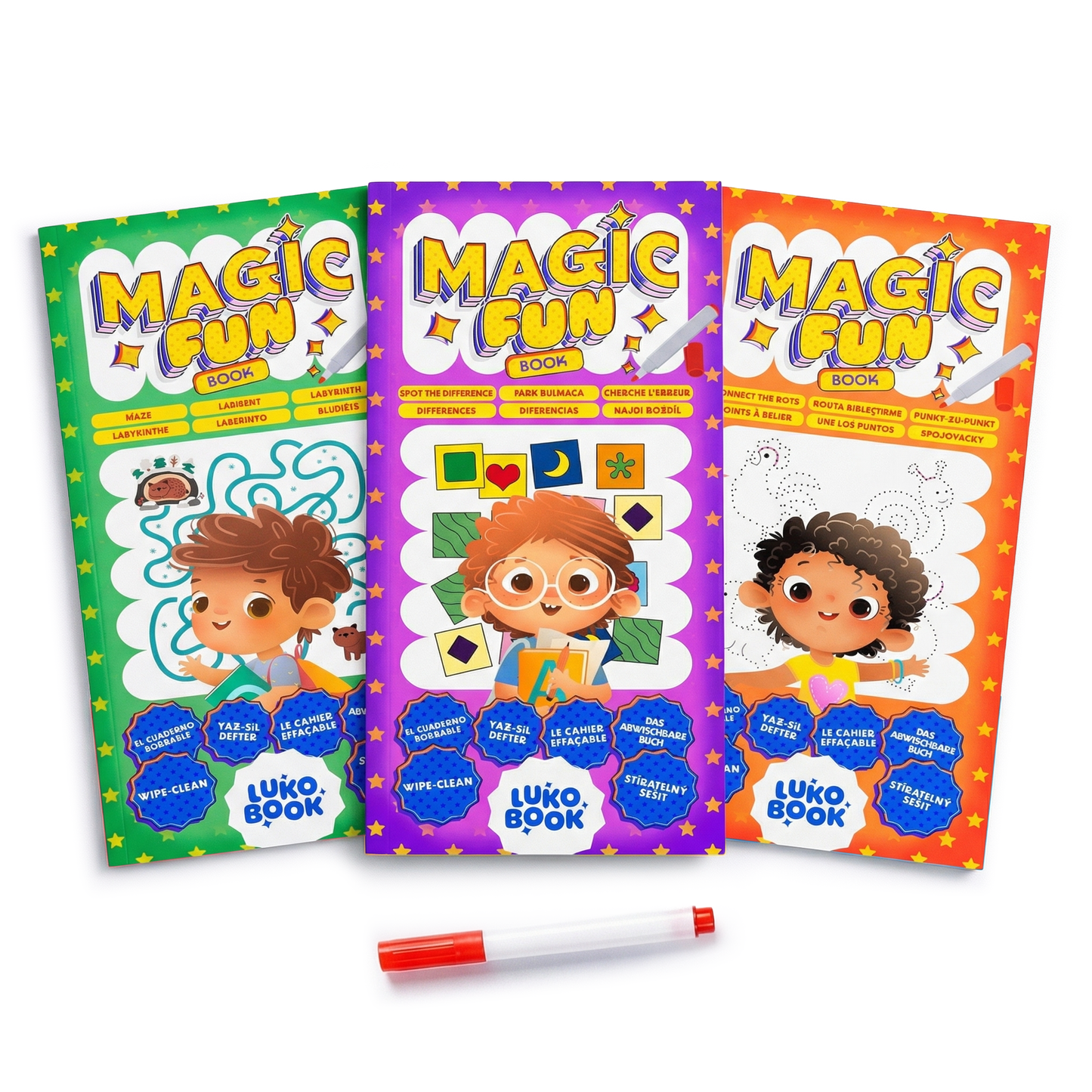 Magic Fun 3'lü Zeka ve Dikkat Seti - Yaz-Sil Aktivite Seti | Labirent, Fark Bulmaca, Nokta Birleştirme